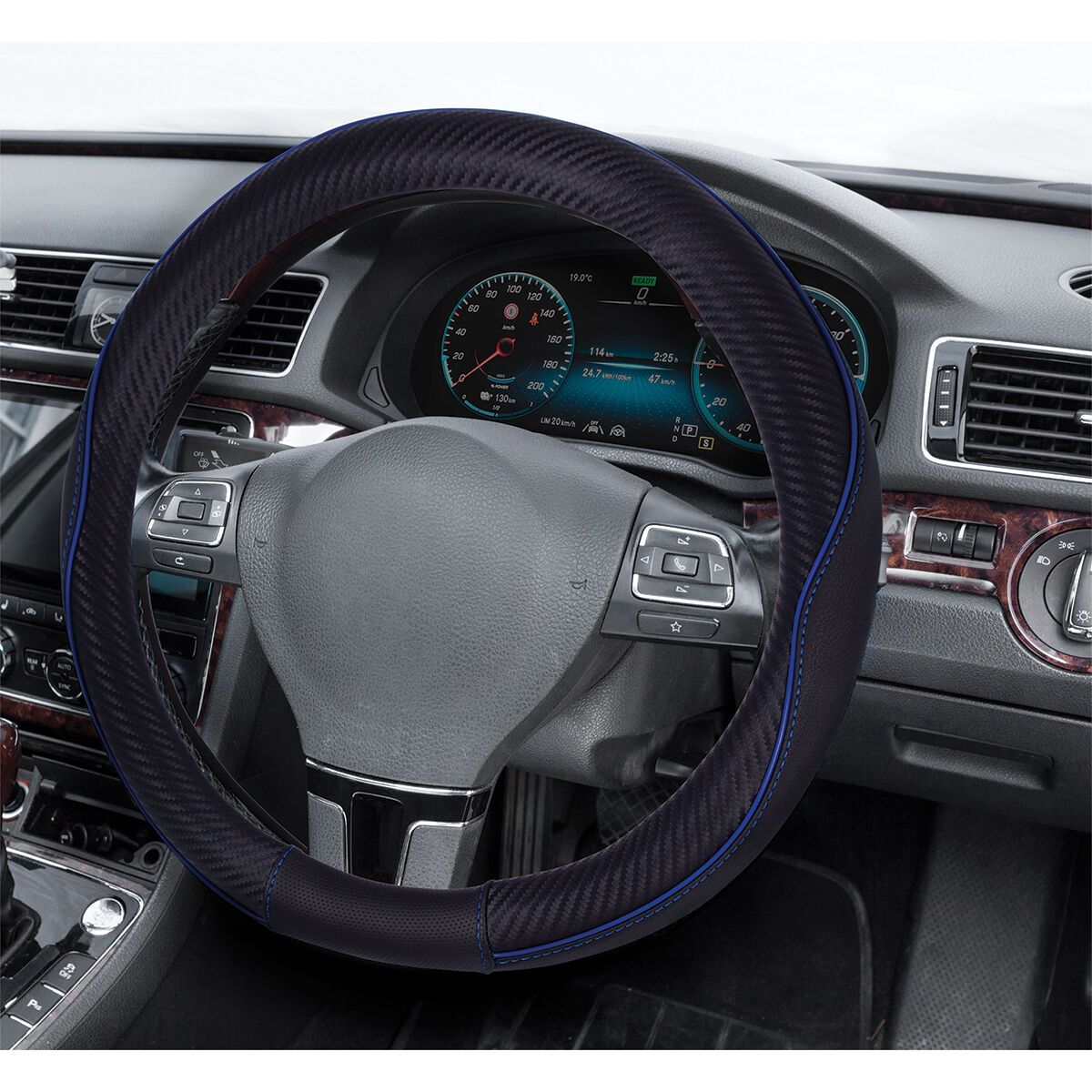 SCA Steering Wheel Cover Leather Look & Carbon Black/Blue 380mm Diameter, , scanz_hi-res