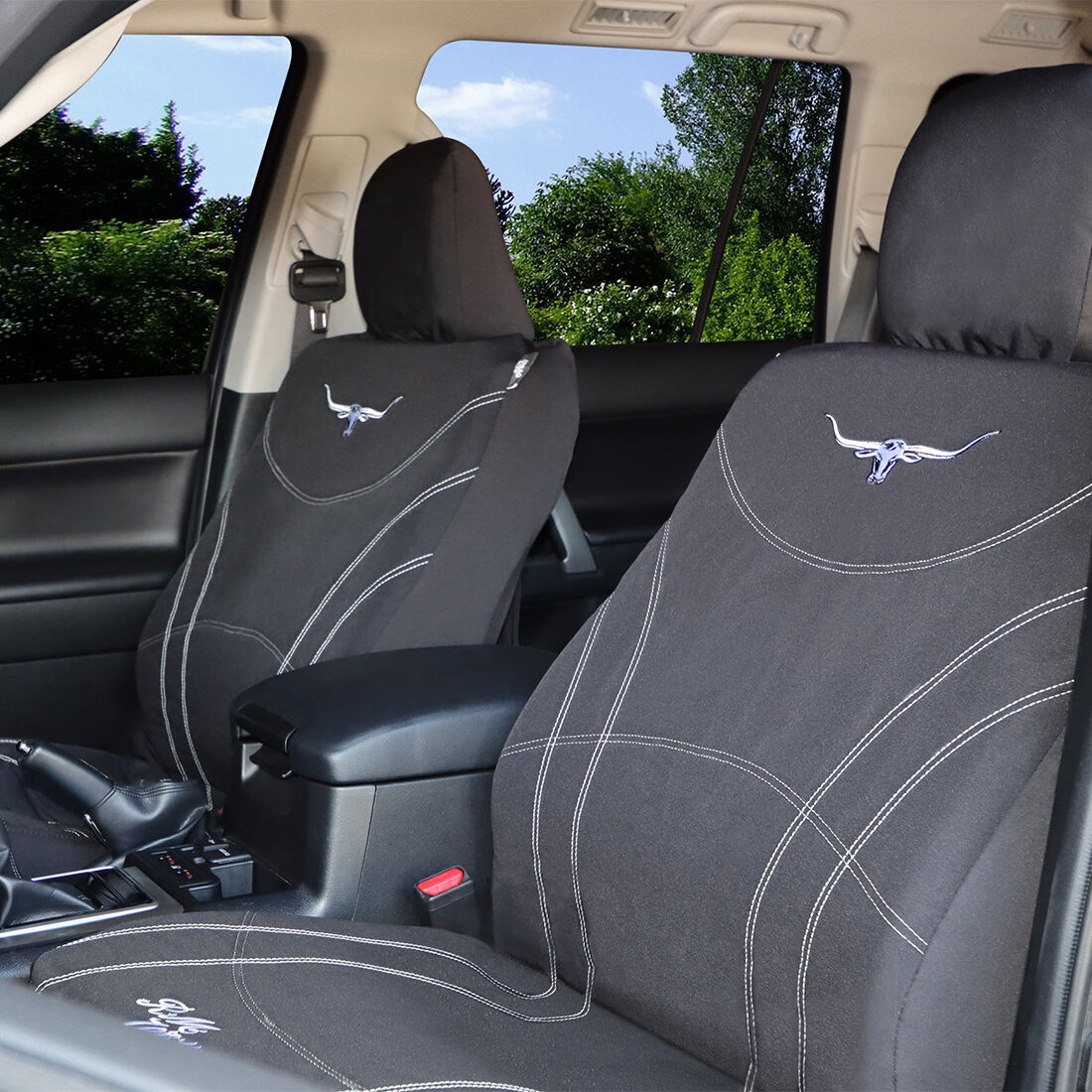 R.M.Williams Canvas Seat Cover Black Adjustable Headrests Size 30 Front Pair Airbag Compatible, , scanz_hi-res