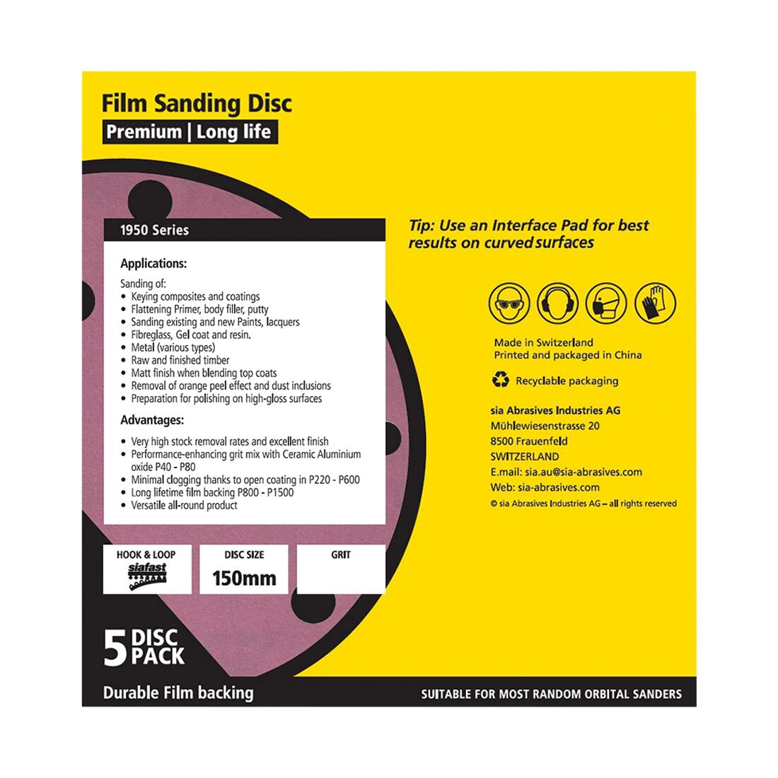 SIA Abrasives 150mm Premium Wet & Dry Sanding Disc, 1950 Series, 8 Hole, 800 Grit, 5 Pack, , scanz_hi-res