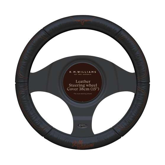 R.M.Williams Tan Leather Steering Wheel Cover, Black/Tan, 380mm, , scanz_hi-res
