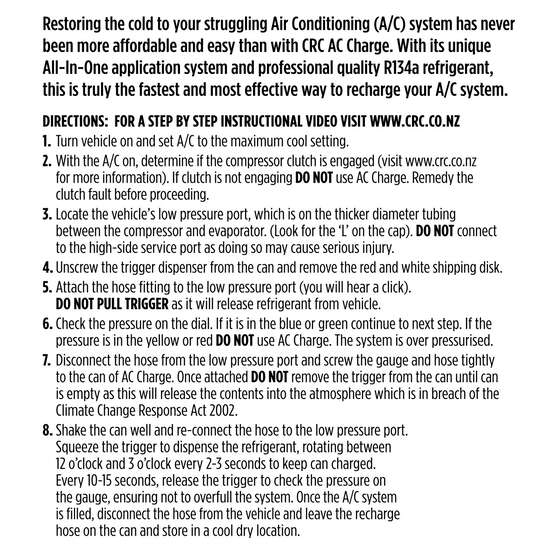 CRC AC Charge Refrigerant R134a Refill  and  Hose - 400g, , scanz_hi-res