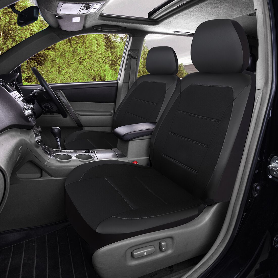 SCA Memory Foam Flax & Leather Look Seat Covers Black Adjustable Headrests Airbag Compatible, , scanz_hi-res