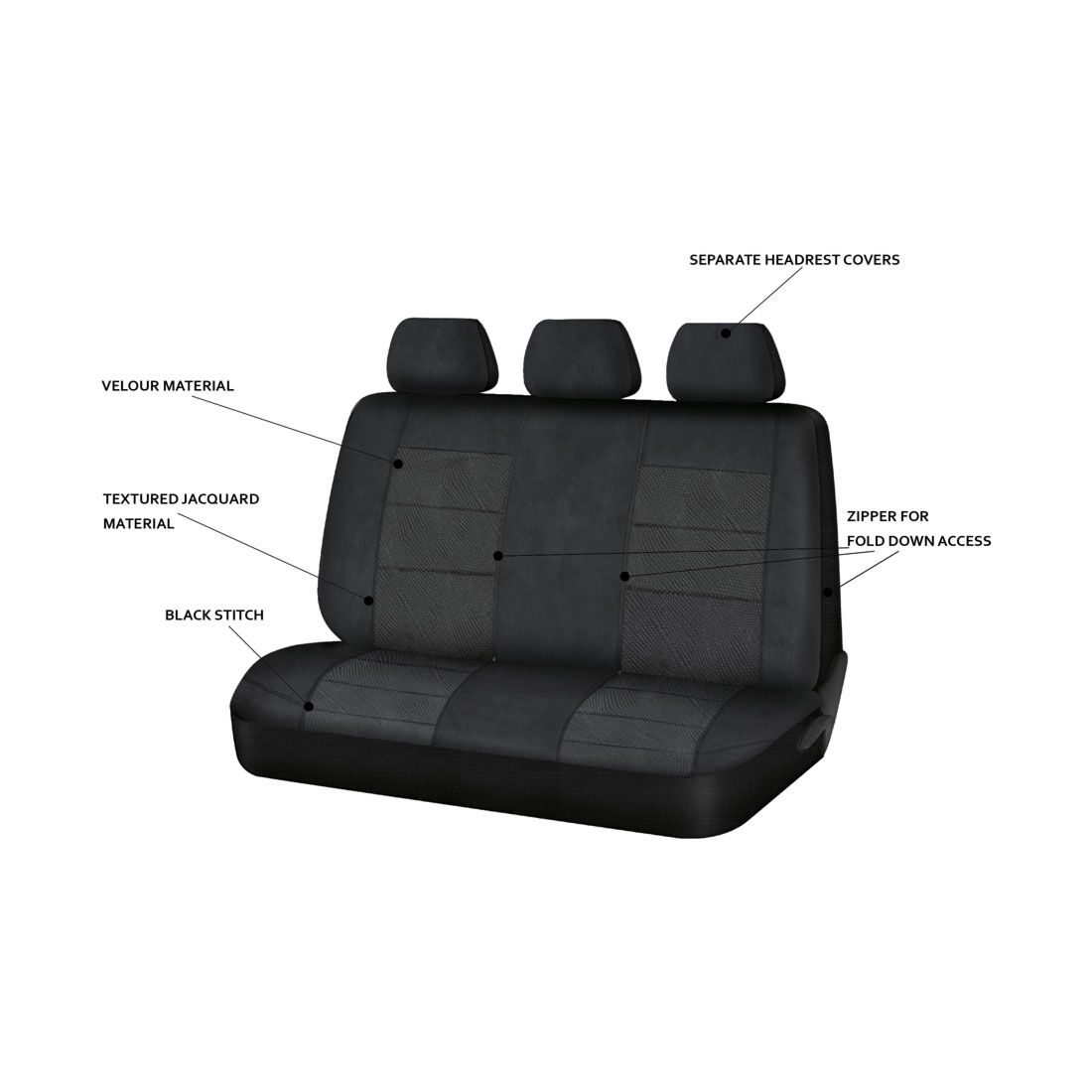 SCA Premium Jacquard and Velour Seat Covers Black Rear Seat Size Adjustable Zips 06H, , scanz_hi-res