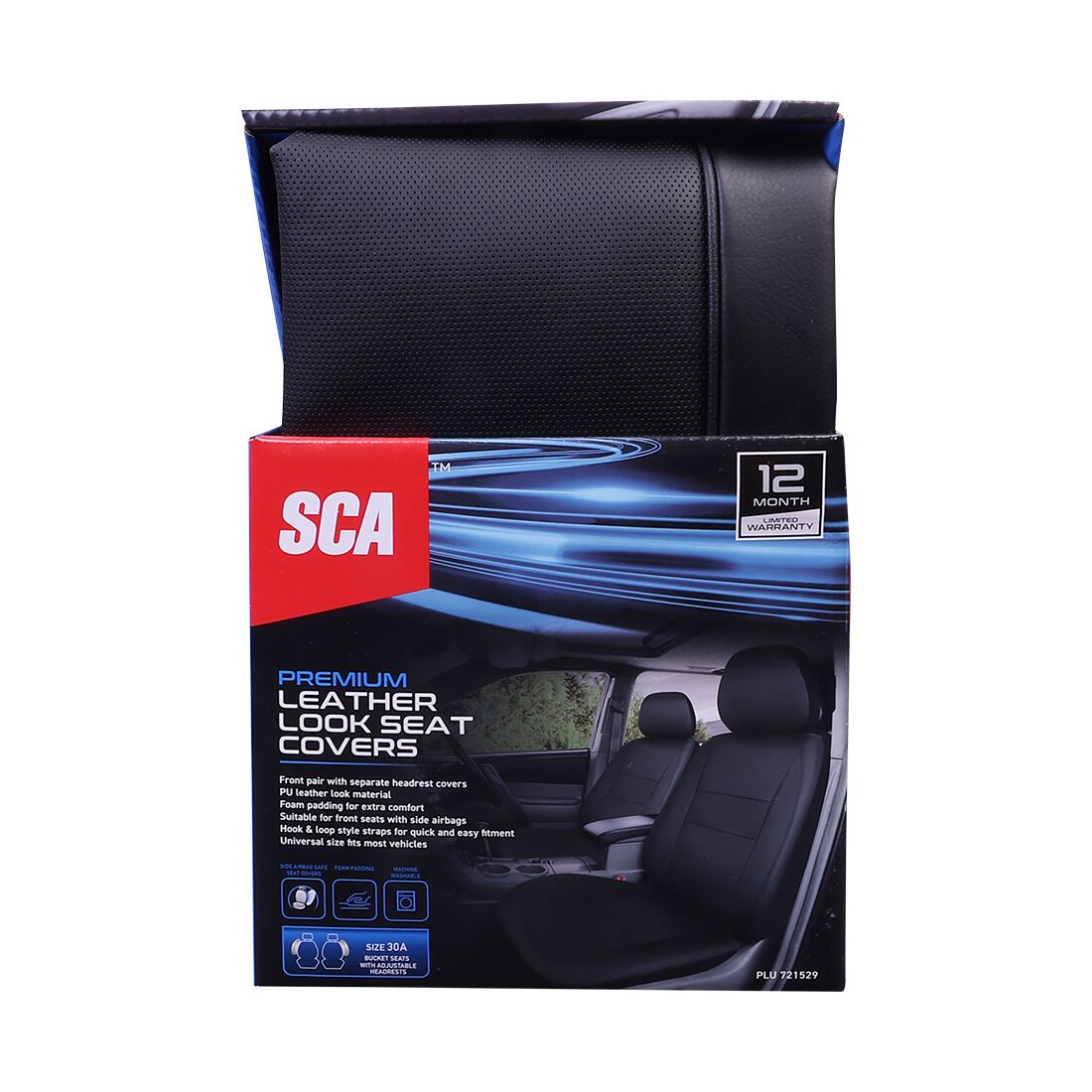 SCA Leather Look Seat Covers Black Adjustable Headrests Airbag Compatible 30SAB, , scanz_hi-res