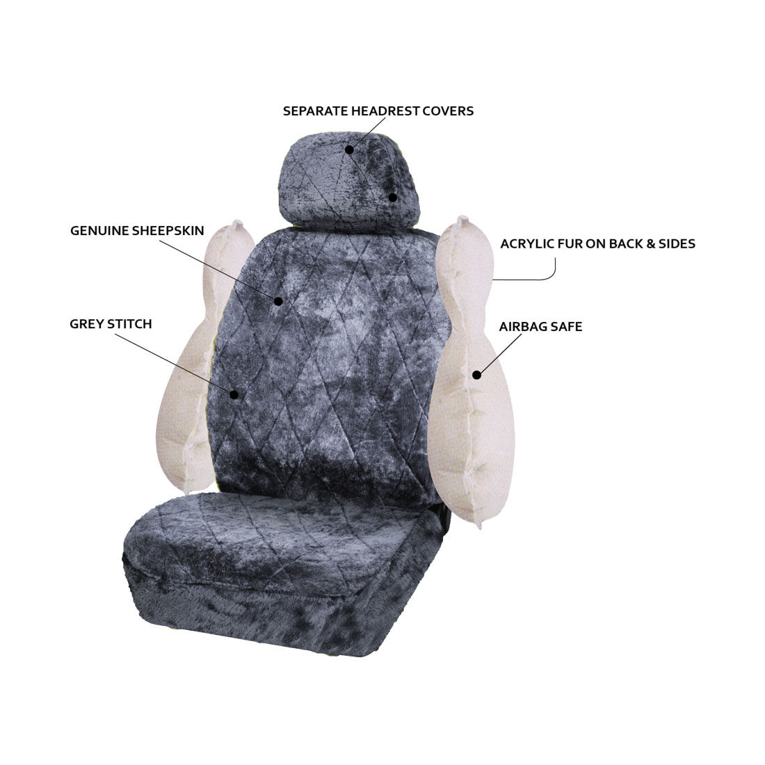 SCA Diamond Cut Sheepskin Single Seat Cover Slate Adjustable Headrests Airbag Compatible 30SAB, , scanz_hi-res