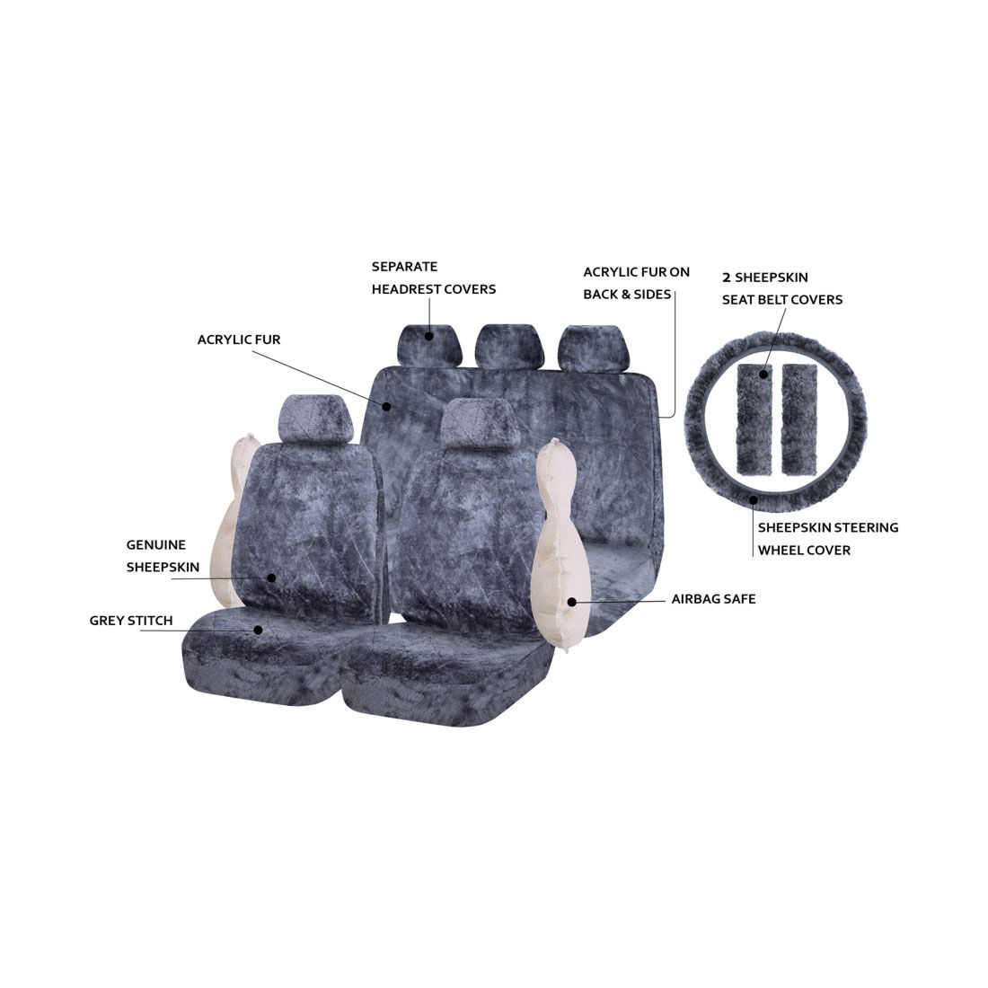 SCA Sheepskin 6 Piece Pack Charcoal Front and Rear Airbag Compatible, , scanz_hi-res