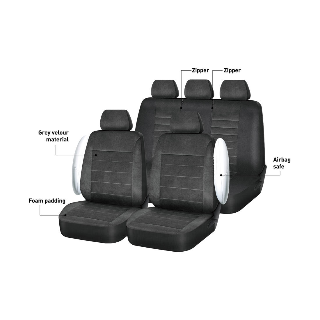 SCA Velour Executive Seat Cover Pack Grey Adjustable Headrests Airbag Compatible 30&06H SAB, , scanz_hi-res