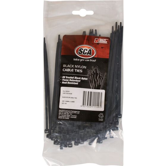 SCA Cable Ties - Black, 140mm x 3.6mm, 100 Pack, , scanz_hi-res