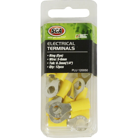 SCA Electrical Terminals - Ring (Eye), Yellow, 6.3mm, 12 Pack, , scanz_hi-res