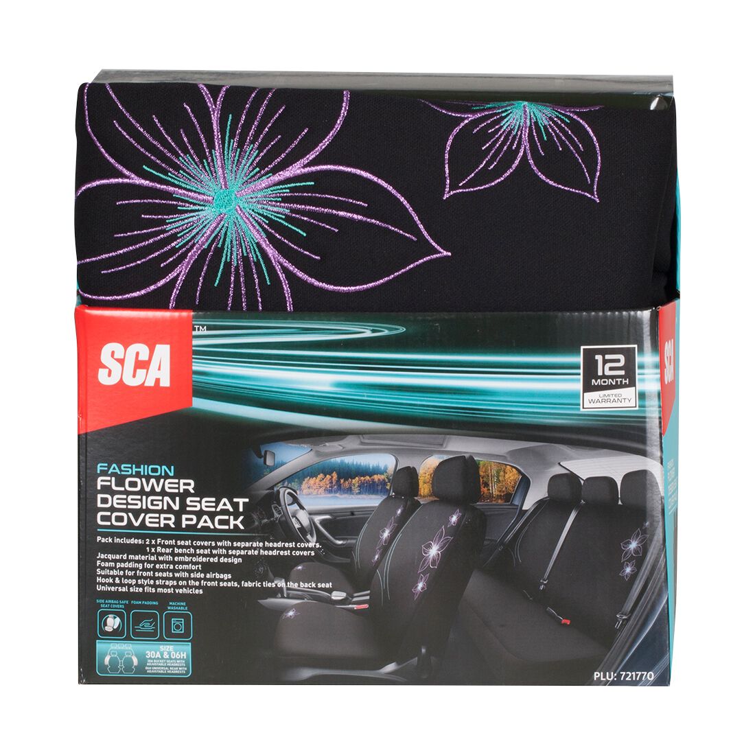 SCA Seat Cover Flower Purple & Aqua, Adjustable Headrests, Airbag Compatible, Size 30 & 06H, , scanz_hi-res