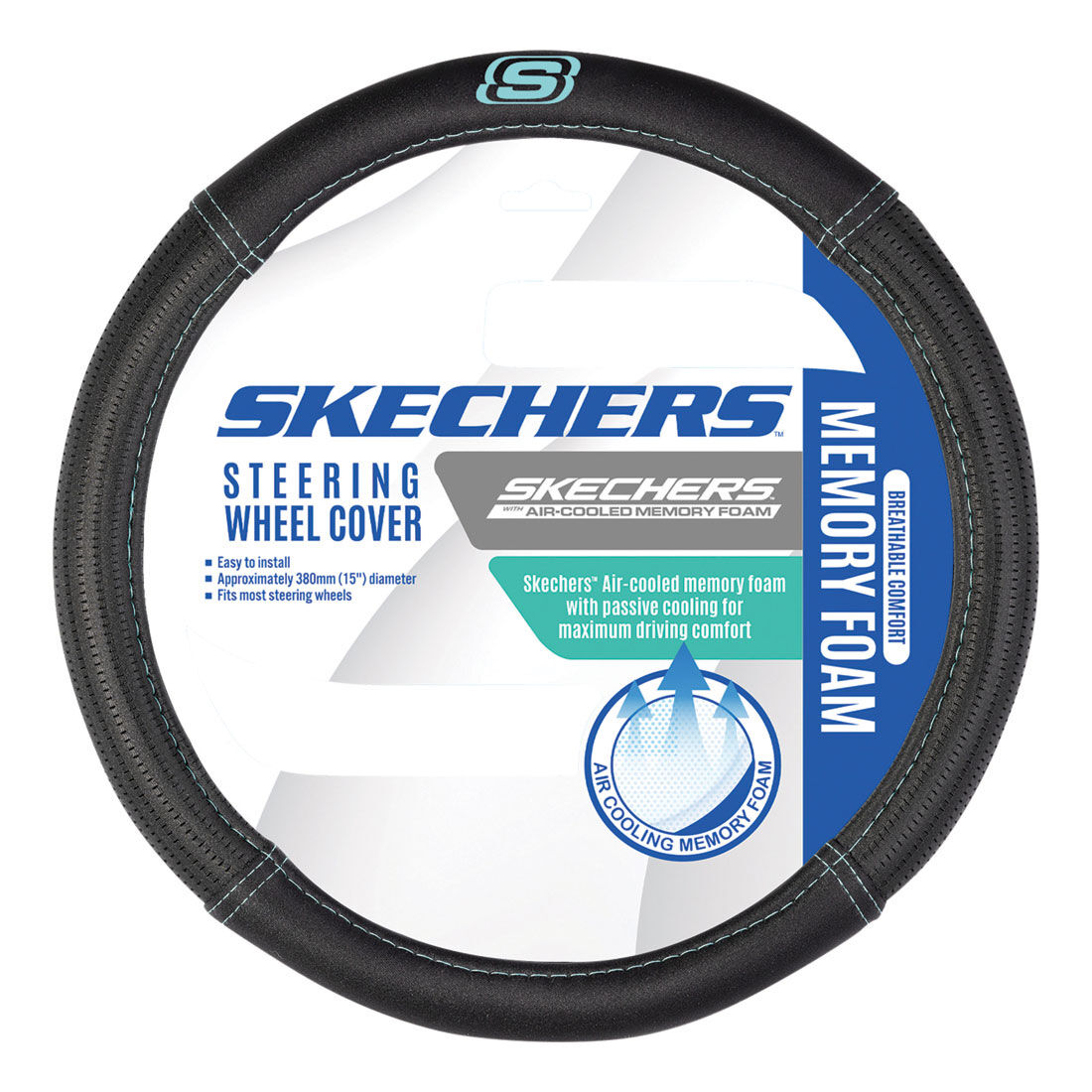 Skechers Air Cooled Memory Foam Steering Wheel Cover Black/Aqua 380mm diameter, , scanz_hi-res