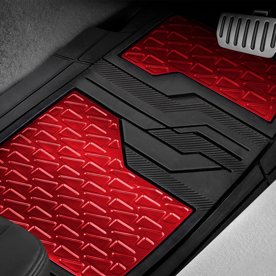 SCA Checkerplate PVC Car Floor Mats - Set of 4, Red/Black, , scanz_hi-res