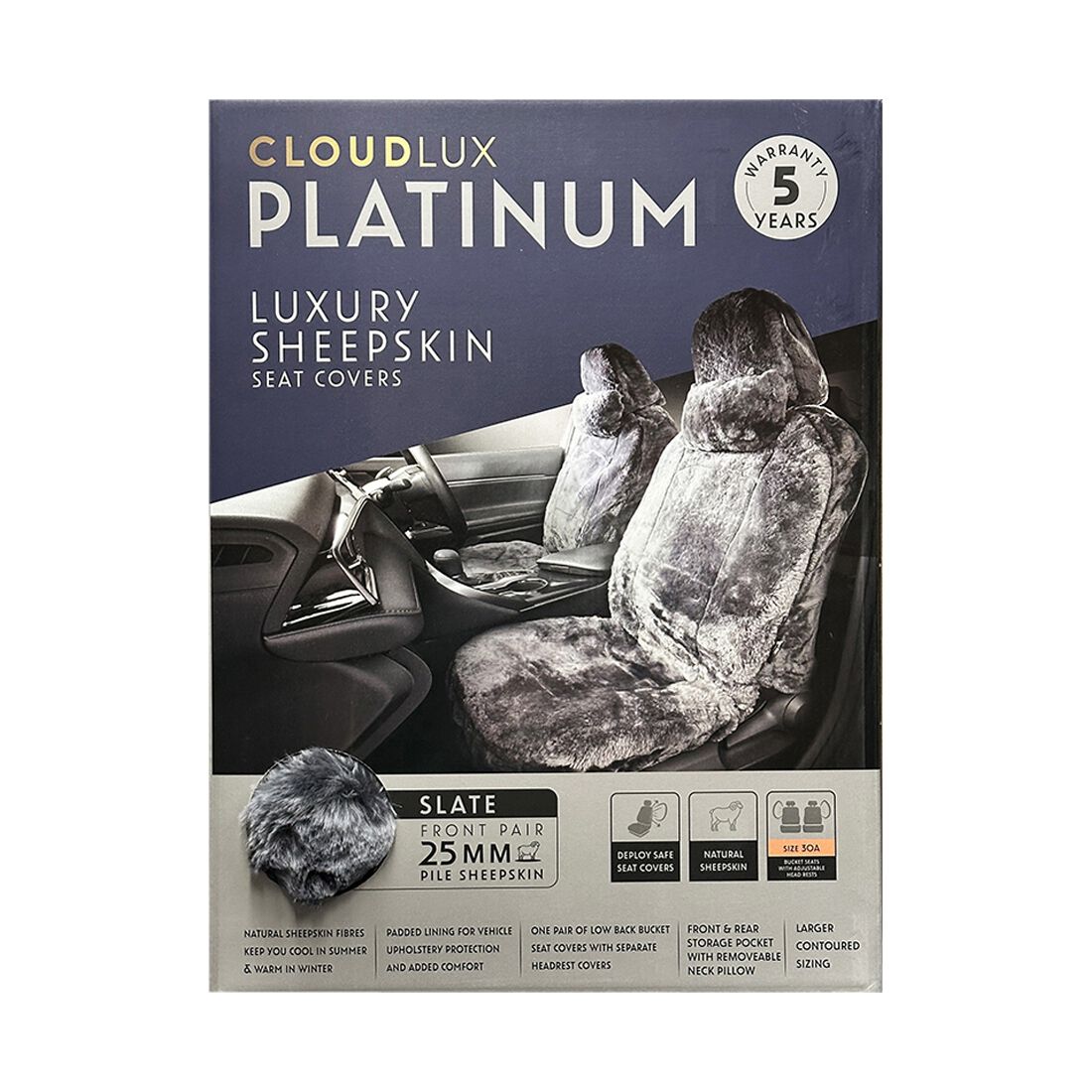 Platinum CLOUDLUX Sheepskin Seat Covers - Slate Adjustable Headrests Size 30 Airbag Compatible, , scanz_hi-res