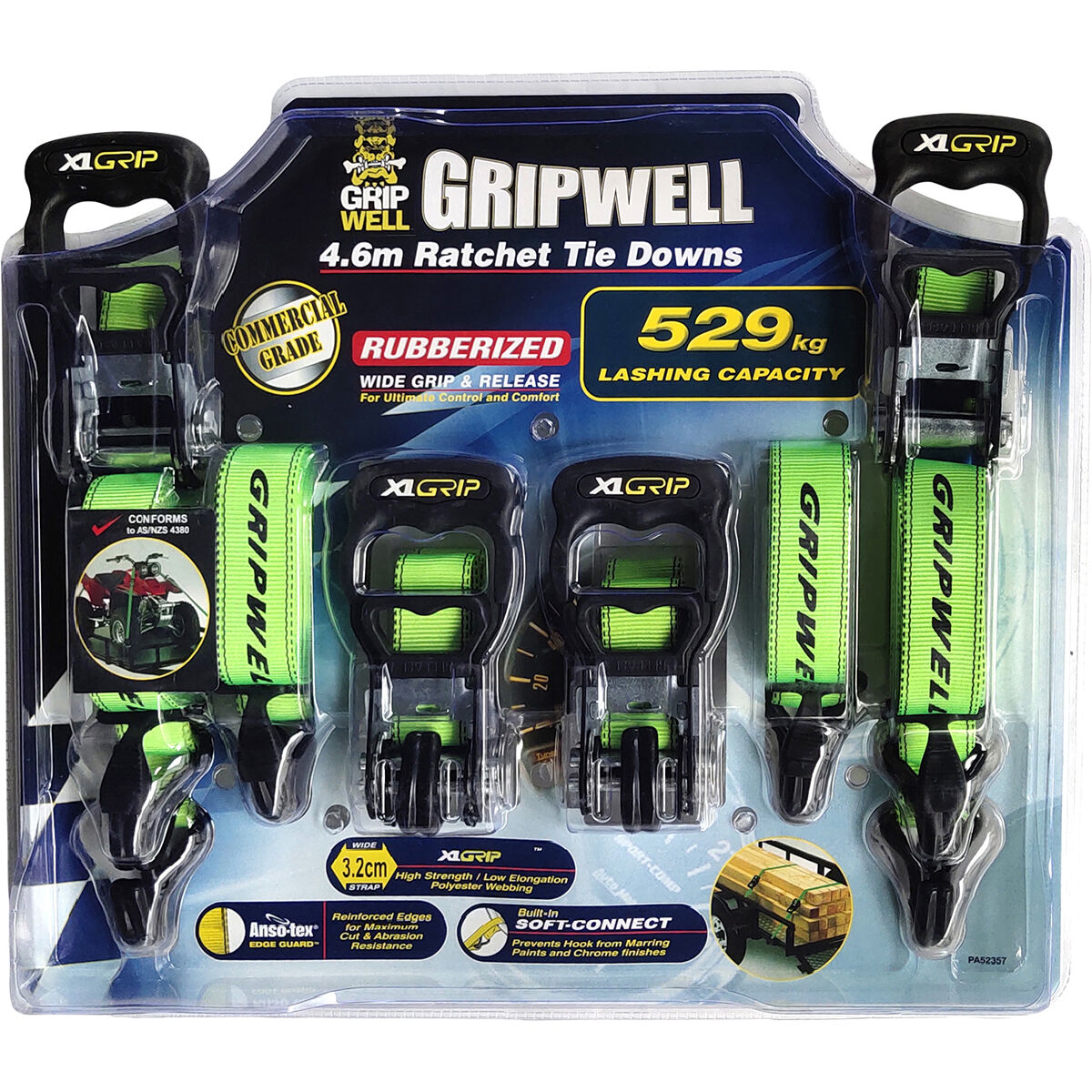 Grizzly Grip Ratchet Tie Down - 4.6m, 529kg, 4 Pack, , scanz_hi-res