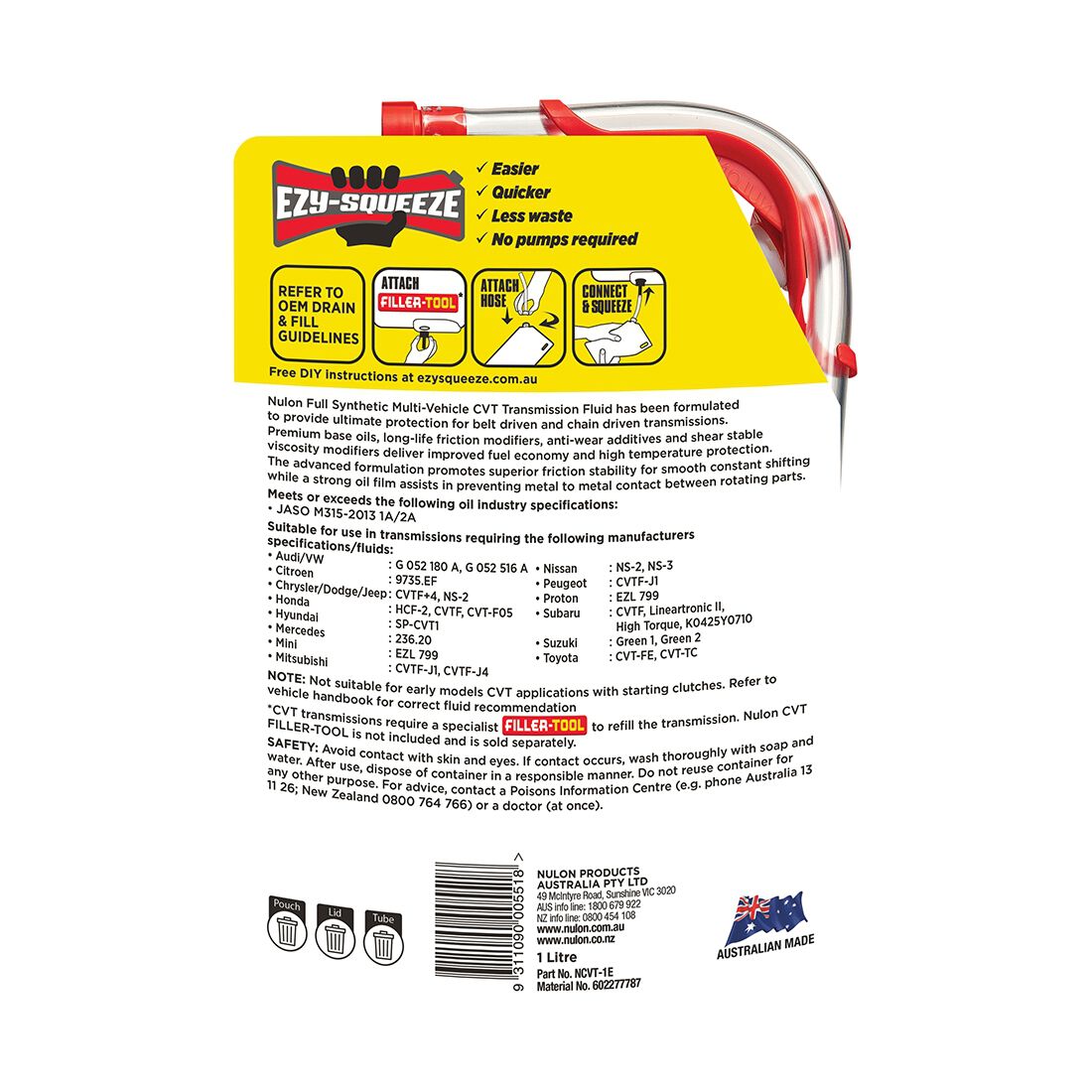 NULON EZY-SQUEEZE Multi-Vehicle CVT Transmission Fluid - 1 Litre, , scanz_hi-res