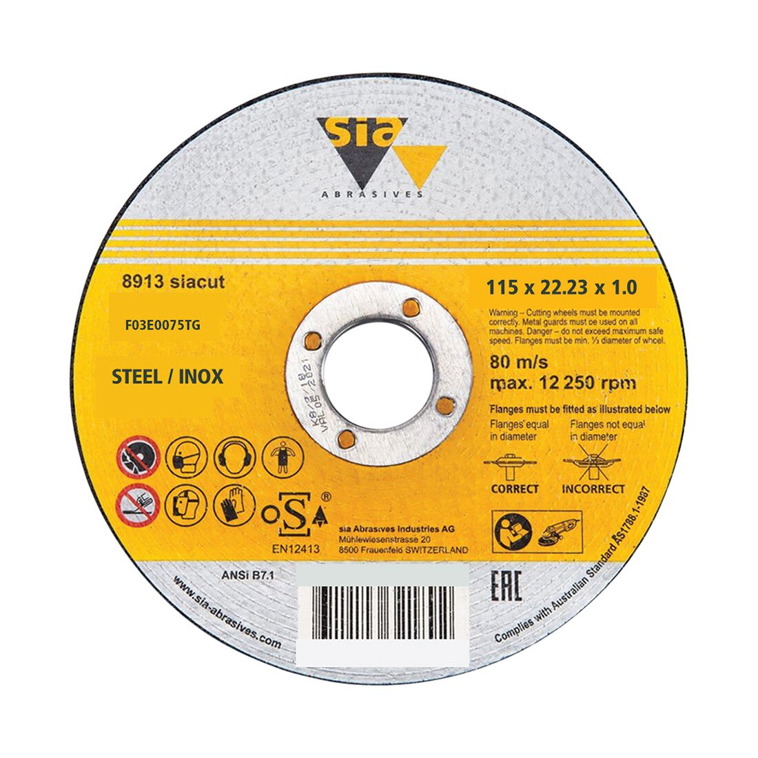 SIA Abrasives Metal Cutting Disc, 8913 Series, 115X1X22.2mm, Inox/Steel Bonded, , scanz_hi-res