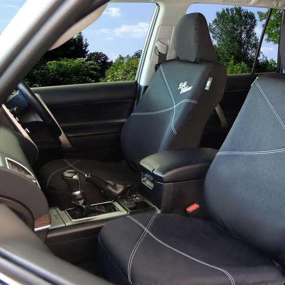 R.M Williams Seat Cover Poly Canvas Seat Cover - Black/Grey Stitch Adjutsable Headrest Airbag Compatable, , scanz_hi-res