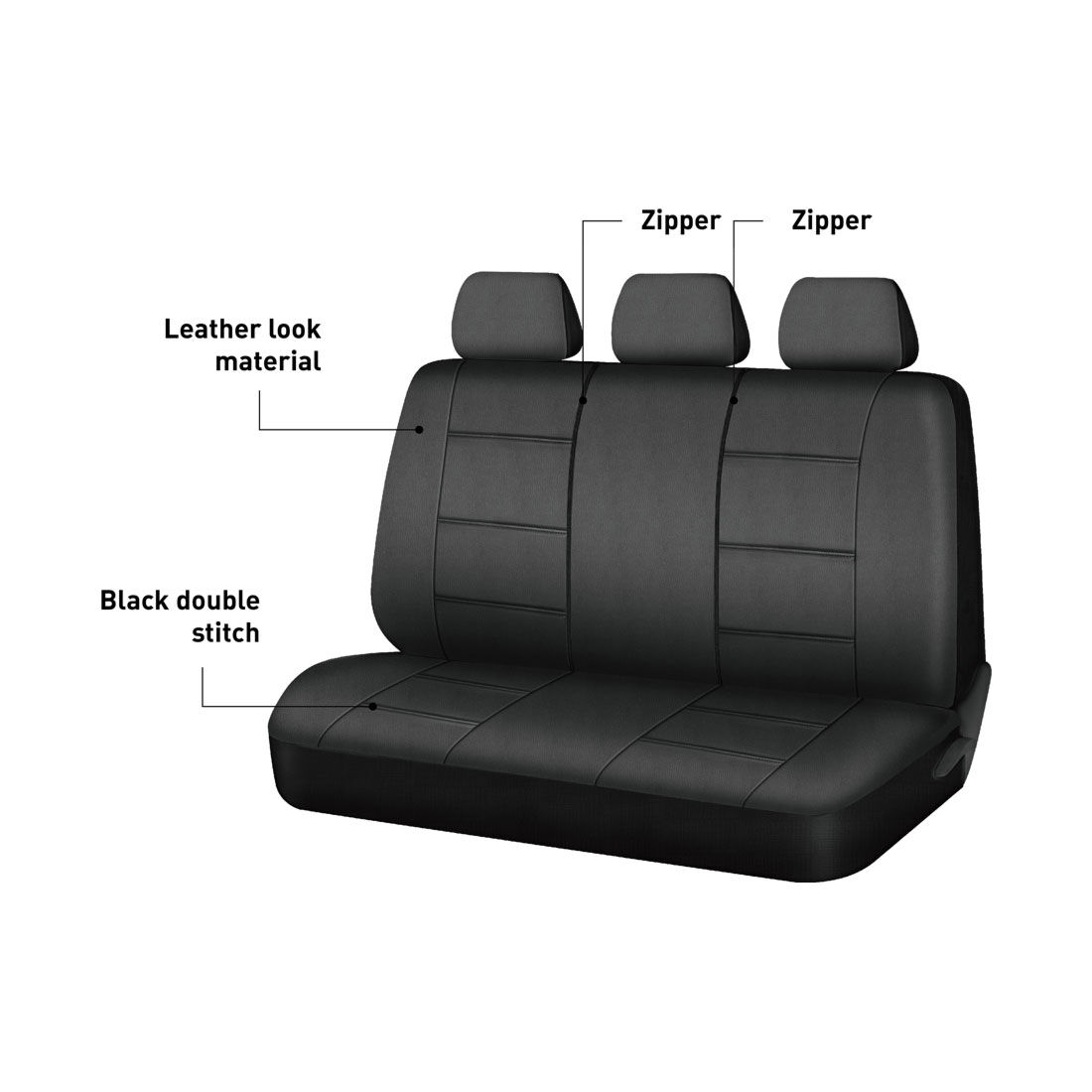 SCA Leather Look Seat Covers Black Adjustable Headrests Rear Bench 06H, , scanz_hi-res