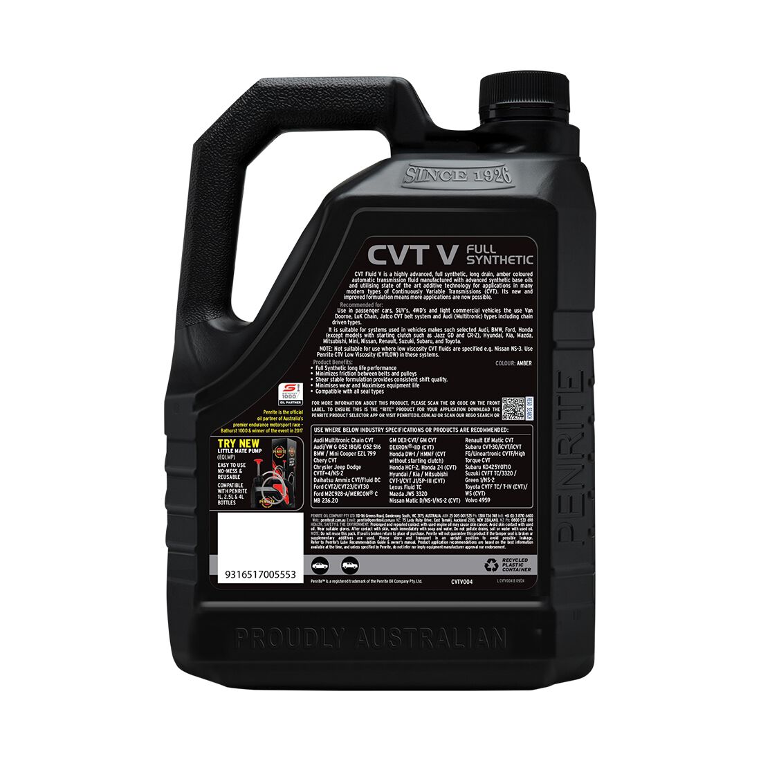 Penrite CVT Fluid - V Full Synthetic, 4 Litre, , scanz_hi-res