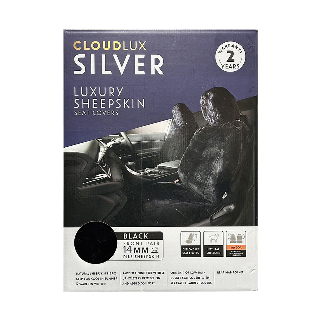 Silver CLOUDLUX Sheepskin Seat Covers - Black Adjustable Headrests Size 30 Airbag Compatible, , scanz_hi-res