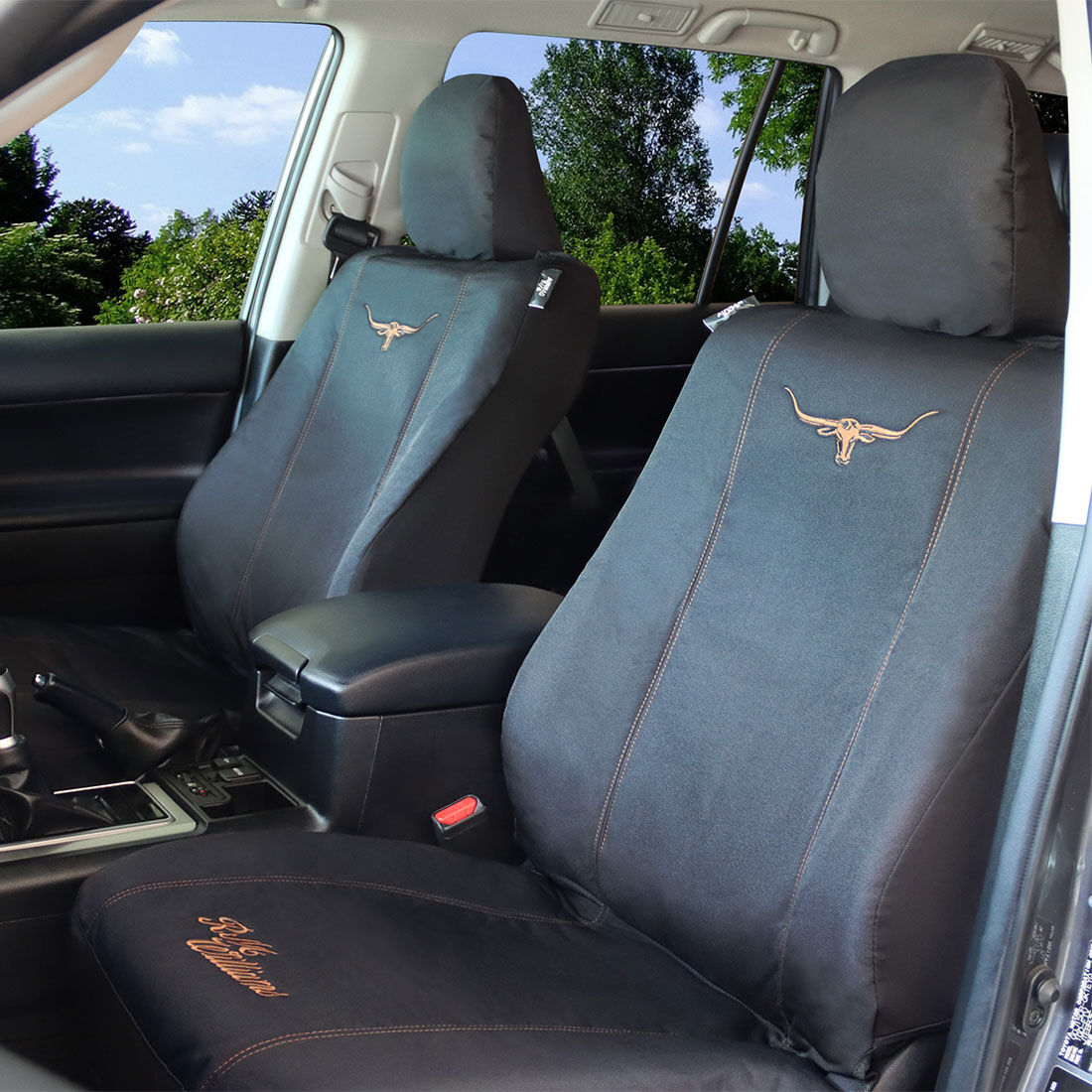 R.M.Williams Tan Poly Canvas Seat Covers, Black/Tan, Adjustable Headrests, Airbag Compatible, , scanz_hi-res