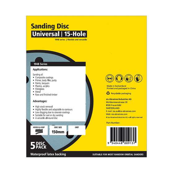 SIA Abrasives 150mm Wet & Dry Sanding Disc, 1948 Series, 8 Hole, 120 Grit, 5 Pack, , scanz_hi-res