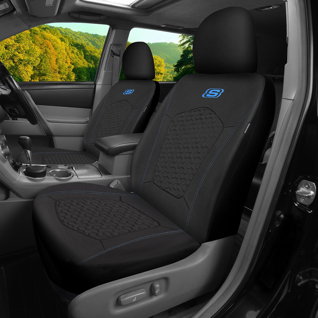Skechers Gel Memory Foam Seat Covers Black/Blue Adjustable Headrests Airbag Compatible 30SAB, , scanz_hi-res