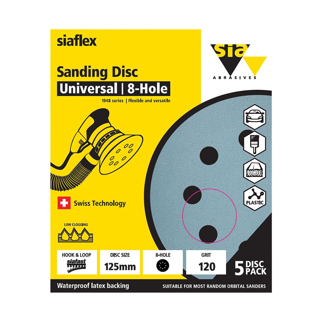SIA Abrasives 125mm Wet & Dry Sanding Disc, 1948 Series, 8 Hole, 120 Grit, 5 Pack, , scanz_hi-res