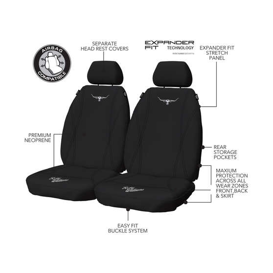 R.M. Williams Neoprene Seat Cover Black Adjustable Headrests Size 30 Front Pair Airbag Compatible, , scanz_hi-res