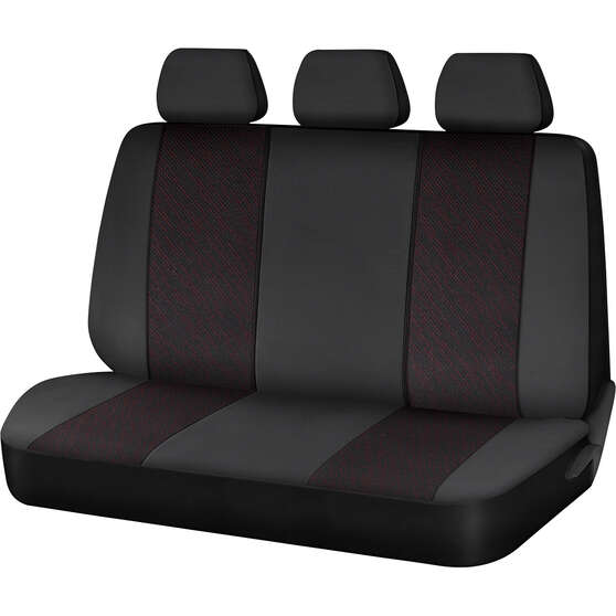 SCA Premium Jacquard & Leather Look Seat Covers Black/Red Adjustable Headrests Rear Bench 06H, , scanz_hi-res