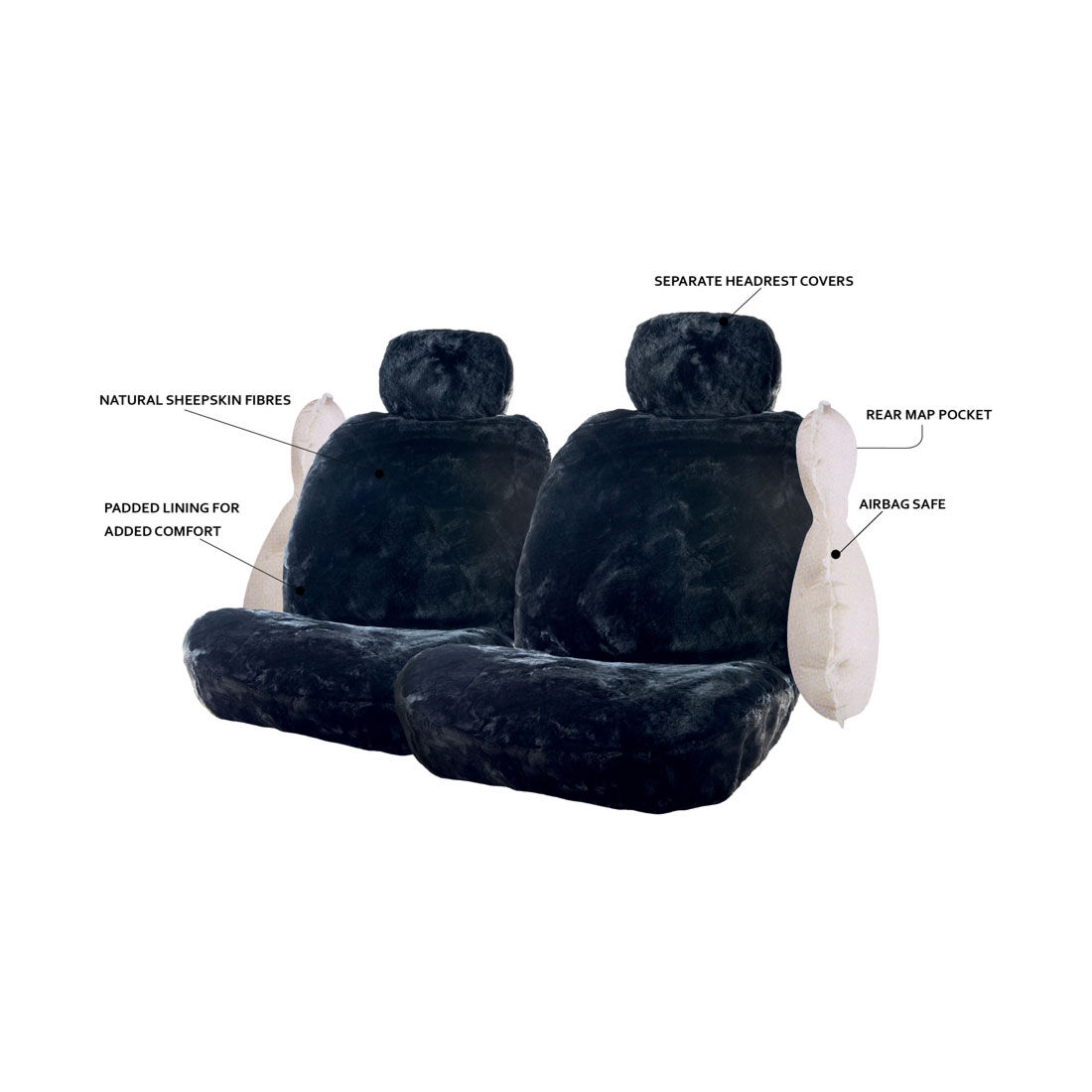 Gold CLOUDLUX Sheepskin Seat Covers - Black Adjustable Headrests Size 30 Front Pair Airbag Compatible, , scanz_hi-res