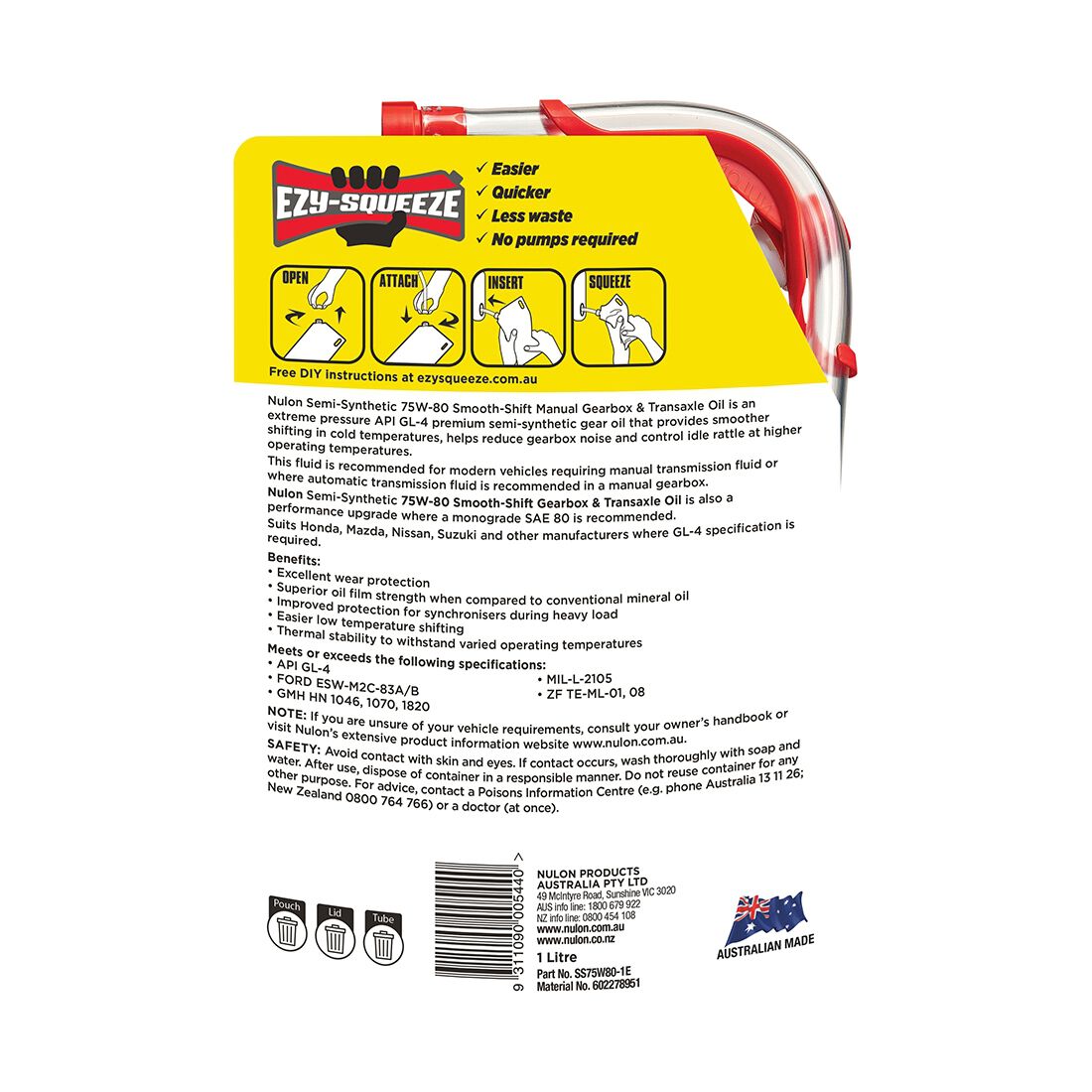 NULON EZY-SQUEEZE Smooth Shift Manual Gearbox & Transaxle Oil - 75W-80, 1 Litre, , scanz_hi-res