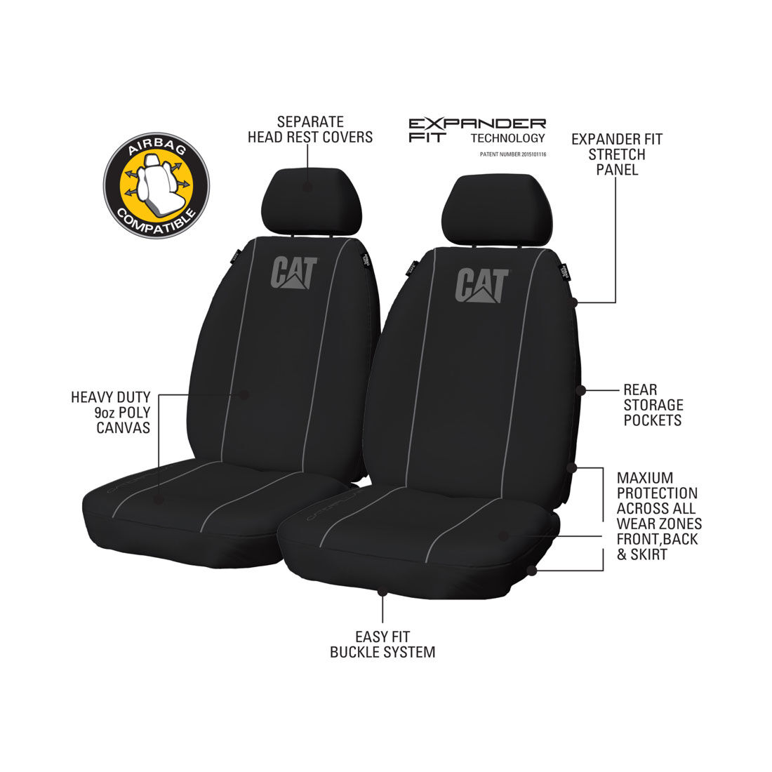 CAT Poly Canvas Seat Covers Black/Grey Adjustable Headrests Size 30 Front Pair Airbag Compatible, , scanz_hi-res