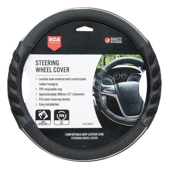 SCA Steering Wheel Cover - Leather Look & Rubber, Black and Grey, 380mm diameter, , scanz_hi-res