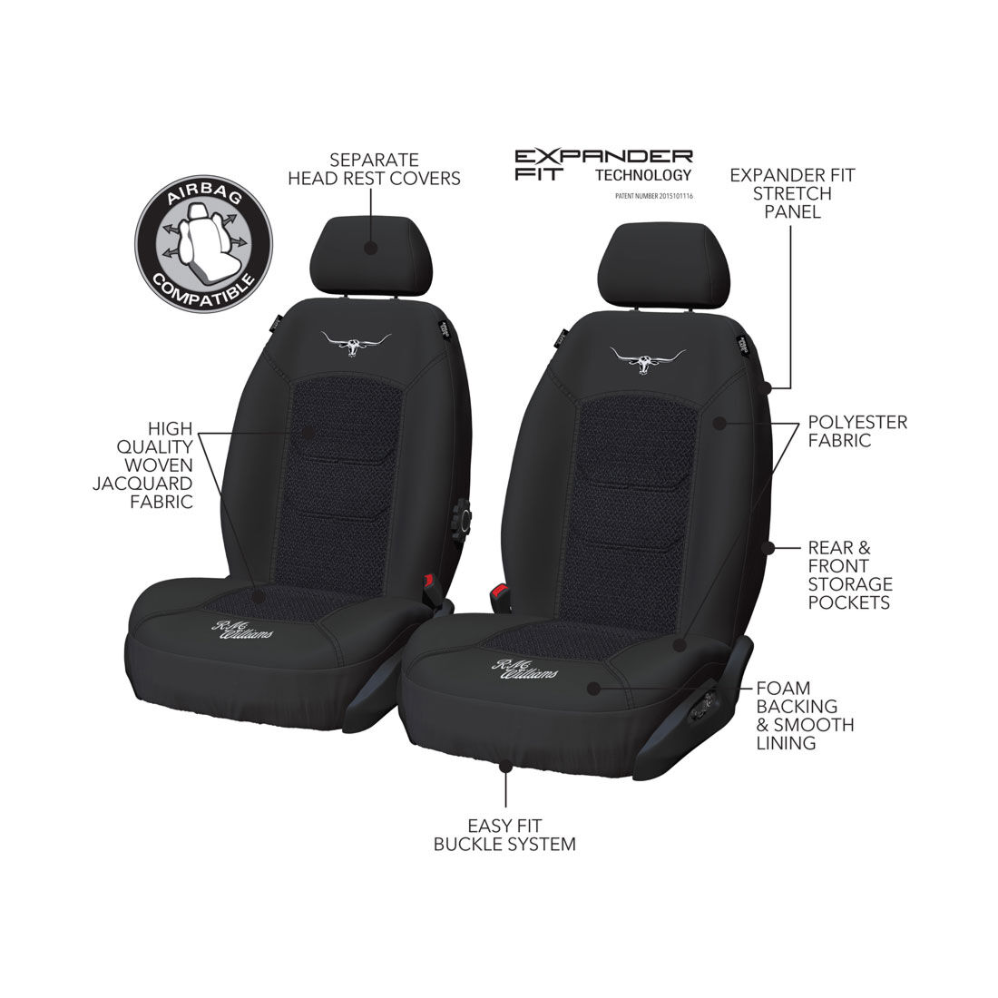 R.M.Williams Woven Seat Covers Black Adjustable Headrests Size 30 Front Pair Airbag Compatible, , scanz_hi-res