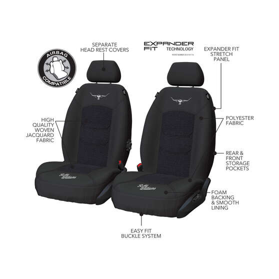 R.M.Williams Woven Seat Covers Black Adjustable Headrests Size 30 Front Pair Airbag Compatible, , scanz_hi-res