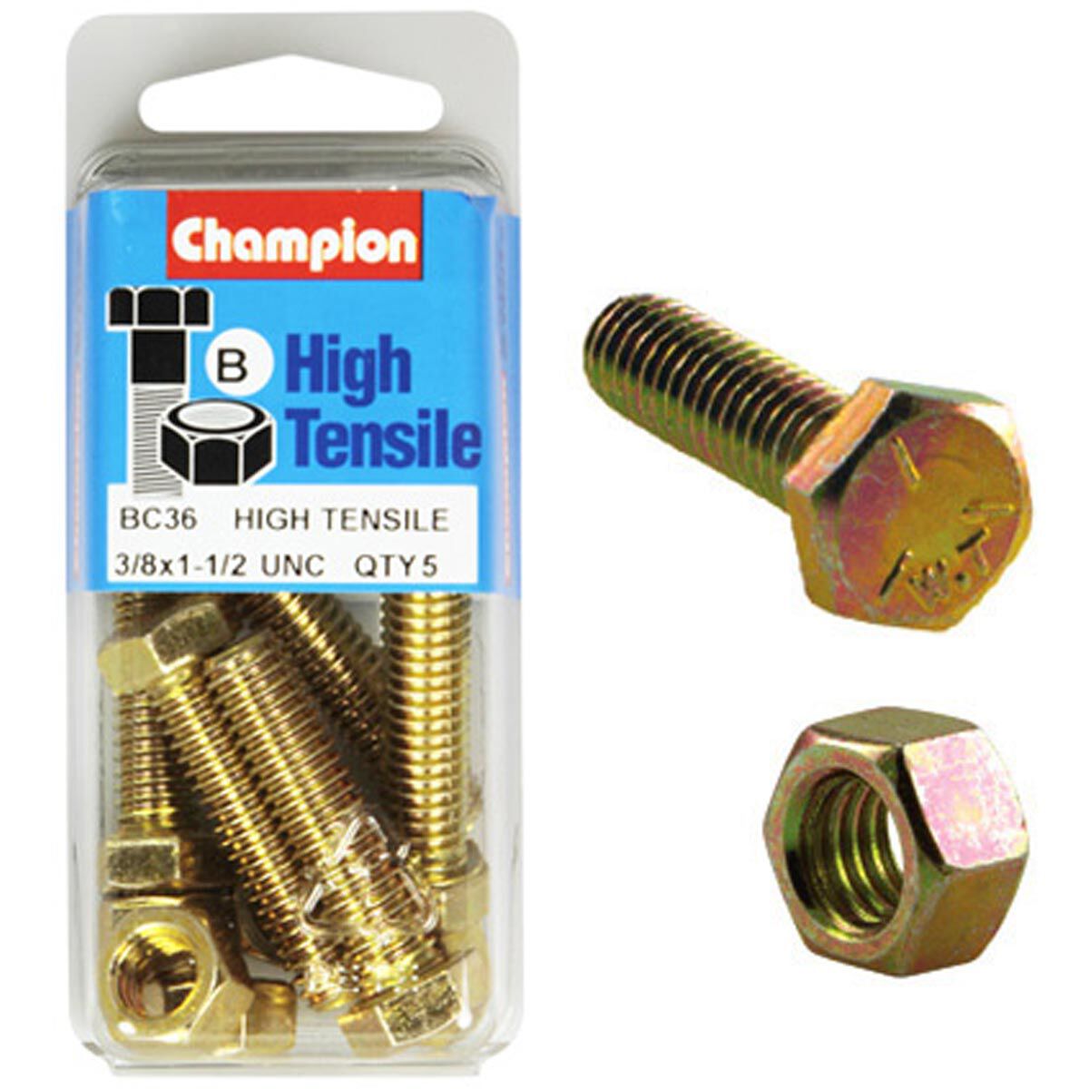 Champion High Tensile Bolts and Nuts BC36, 3/8"UNC x 1-1/2", , scanz_hi-res