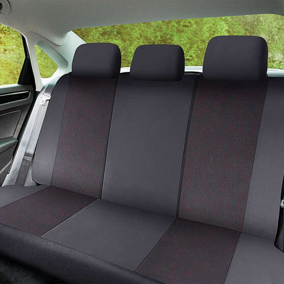 SCA Premium Jacquard & Leather Look Seat Covers Black/Red Adjustable Headrests Rear Bench 06H, , scanz_hi-res