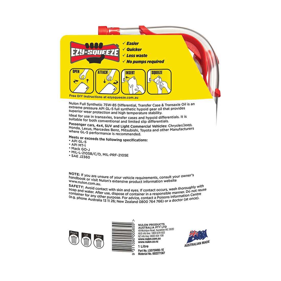 NULON EZY-SQUEEZE Differential, Transfer Case & Transaxle Oil - 75W-85, 1 Litre, , scanz_hi-res