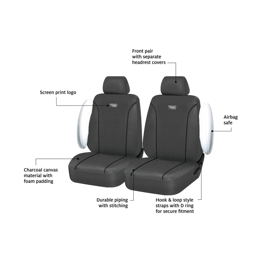 Ridge Ryder Canvas Seat Covers Charcoal/Black Piping Adjustable Headrests Airbag Compatible 30SAB, , scanz_hi-res