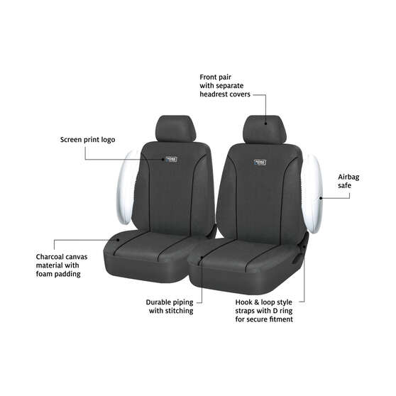 Ridge Ryder Canvas Seat Covers Charcoal/Black Piping Adjustable Headrests Airbag Compatible 30SAB, , scanz_hi-res