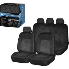 SCA Velour Quilted Seat Cover Pack Black Adjustable Headrests Front Pair & Rear Bench, , scanz_hi-res