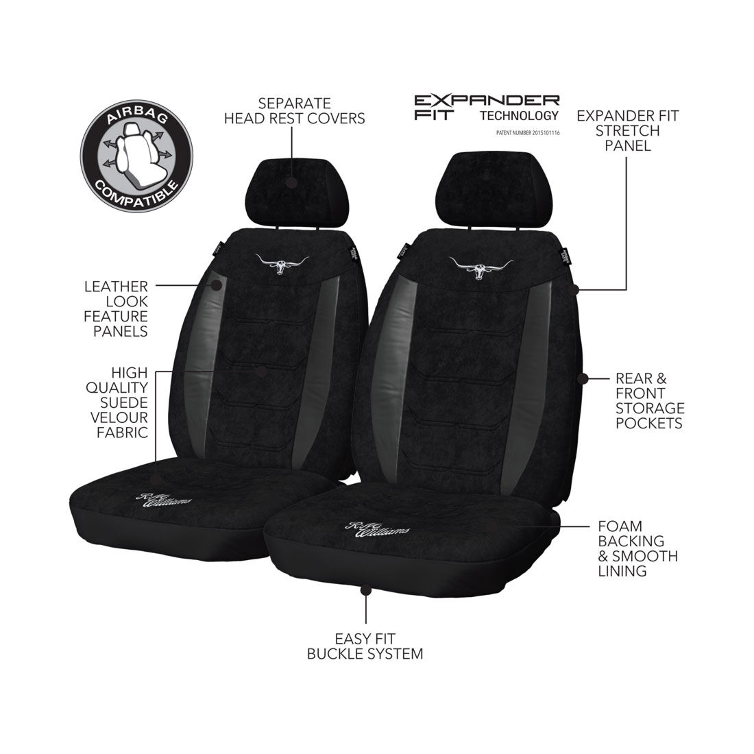R.M.Williams Suede Velour Seat Covers Black Adjustable Headrests Size 30 Front Pair Airbag Compatible, , scanz_hi-res