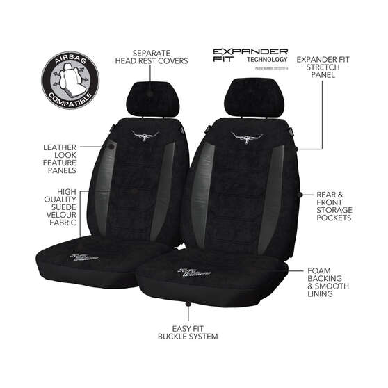 R.M.Williams Suede Velour Seat Covers Black Adjustable Headrests Size 30 Front Pair Airbag Compatible, , scanz_hi-res
