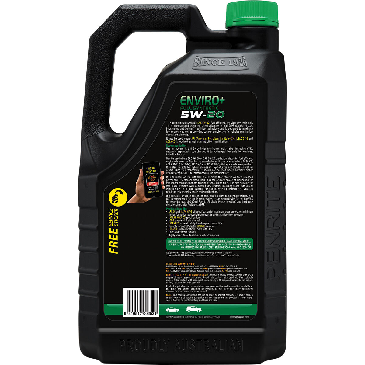 Penrite Enviro+ Engine Oil - 5W-20 5 Litre, , scanz_hi-res