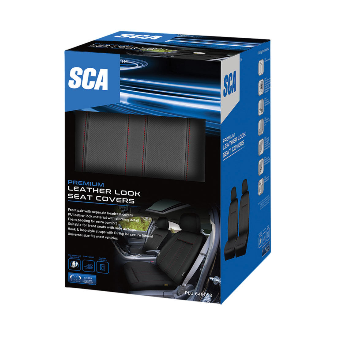 SCA Leather Look Seat Covers Black/Red Adjustable Headrests Airbag Compatible 30SAB, , scanz_hi-res