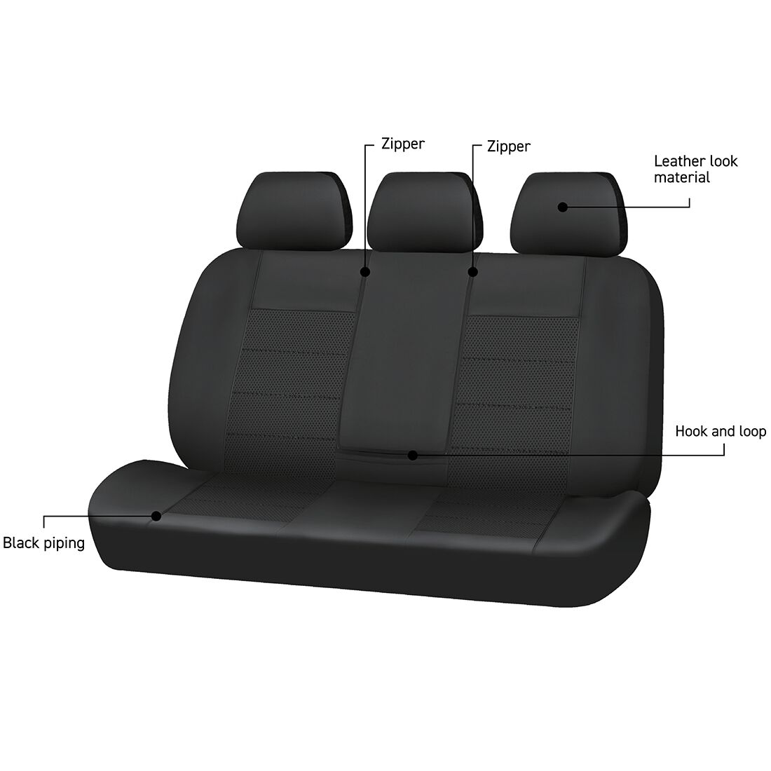 SCA Leather Look Seat Covers Black Adjustable Headrests Rear Bench 06H, , scanz_hi-res