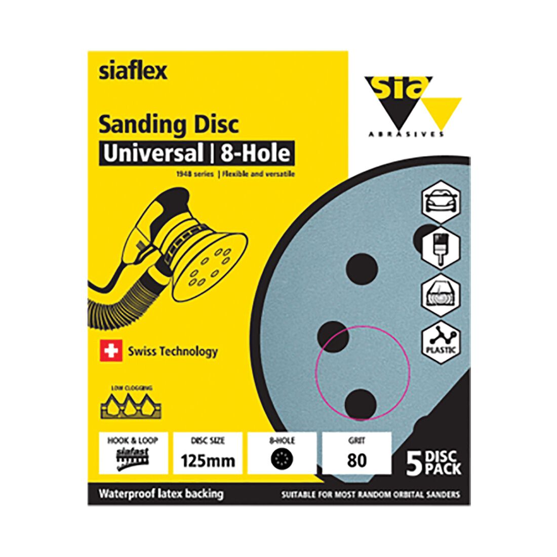 SIA Abrasives 125mm Wet & Dry Sanding Disc, 1948 Series, 8 Hole, 80 Grit, 5 Pack, , scanz_hi-res