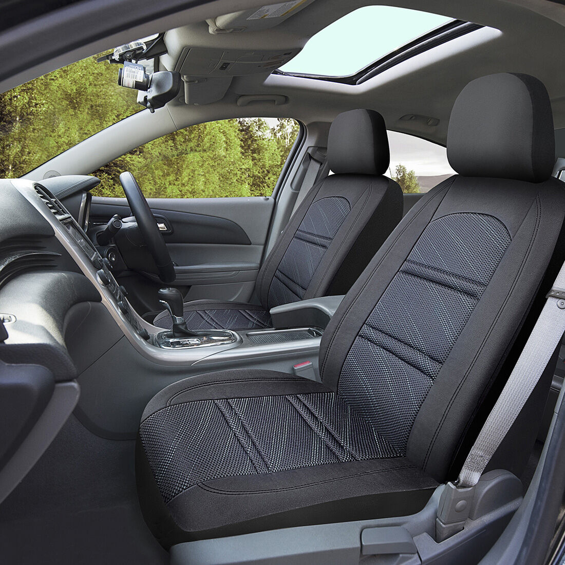 SCA Memory Foam Jacquard & Leather Look Seat Covers Black/Blue Adjustable Headrests Airbag Compatible, , scanz_hi-res