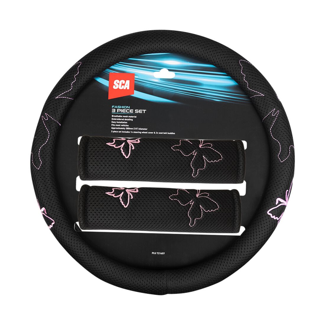 SCA Butterfly Steering Wheel Cover & Seat Belt Buddie Set Pink, , scanz_hi-res